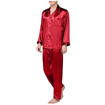 Saclerpnt Schlafanzug Herren Lang Seide Loungewear Klassische Satin Pyjama Sets Button-Down Pyjamas(Rot,XXL) von Saclerpnt