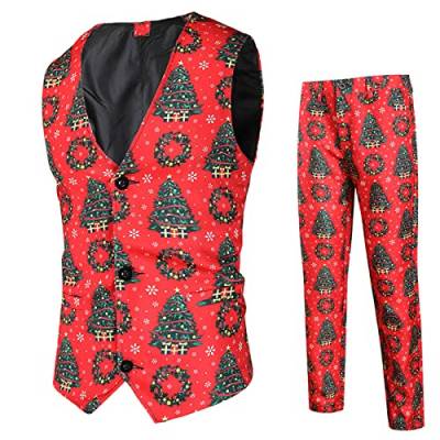 Saclerpnt Weihnachtsanzug Herren Weihnachten Druck V-Ausschnitt Weste Anzug Slim Fit 2 Teilig Anzüge Party Kostüm Anzughose Weste(Rot,3XL) von Saclerpnt