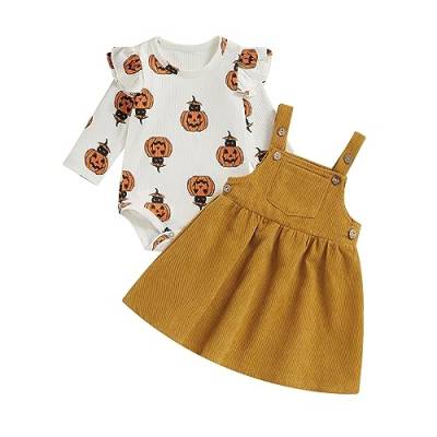 Saeevima Baby Mädchen Halloween Bekleidungsset Lange Ärmel Kräuseln Schulter Kürbis Geister Gedruckt Strampler Bodysuit Cord Tutu Kleid mit Trägern Baby Halloween Kleidung (Kürbis, 0-3 Months) von Saeevima