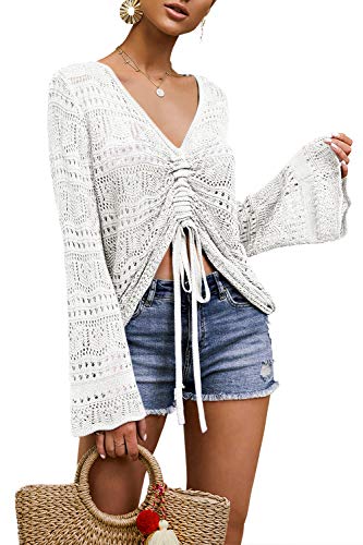 Saodimallsu Damen Oberteile Flowy Oversized Langarm Frühling Sommer Strickpullover V-Ausschnitt Crochet Sexy Pullover Weiß von Saodimallsu