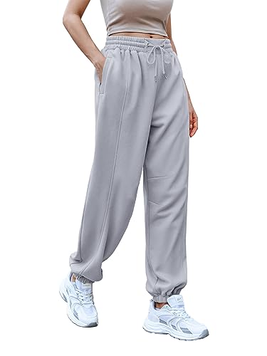 Saodimallsu Damen Hosen Yoga Hosen Casual Hoch Elastische Kordelzug Taille Sweatpants mit Taschen Grau Mittel von Saodimallsu