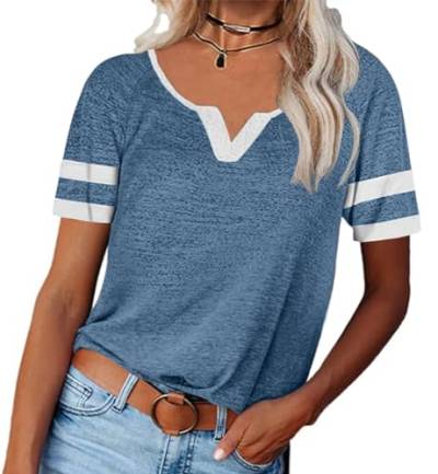 Saodimallsu Damen Kurzarm T Shirt mit V-Ausschnitt Basic Oberteile Sommer Casual Lose Tops Stilvoll Sportshirt Blau Klein von Saodimallsu