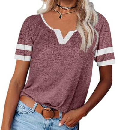 Saodimallsu Damen Kurzarm T Shirt mit V-Ausschnitt Basic Oberteile Sommer Casual Lose Tops Stilvoll Sportshirt Weinrot X-Groß von Saodimallsu