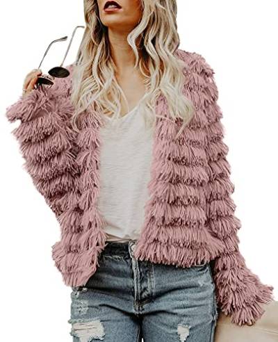 Saodimallsu Damen Mantel Elegant Langarm Offene Front Parka Zotteliger Kunstfell Coat Winter Jacke Parka Rosa Mittel von Saodimallsu