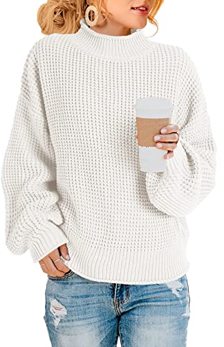 Saodimallsu Damen Oversized Pullover Rollkragen Zopfstrick Pullover Fledermaus Langarm Chunky Pullover Tops Z Waffel Weiß L von Saodimallsu