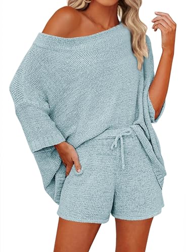 Saodimallsu Damen Schlafanzug Pyjama Lounge Set Strick Nachtwäsche Wear Zweiteiler Women Hausanzug Sets Weich Schlafanzüge Frauen Blau L von Saodimallsu