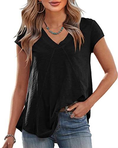 Saodimallsu Damen T-Shirt Basic Sommer Kurzarm Oberteile V-Ausschnitte Kleidung Casual Lose Elegant Tops Schwarz Groß von Saodimallsu