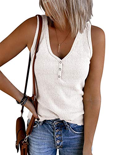 Saodimallsu Damen Tops Ärmellose V-Ausschnitt Casual Tank Tops Lockerer Knopfverschluss Henley Shirt Weiß L von Saodimallsu