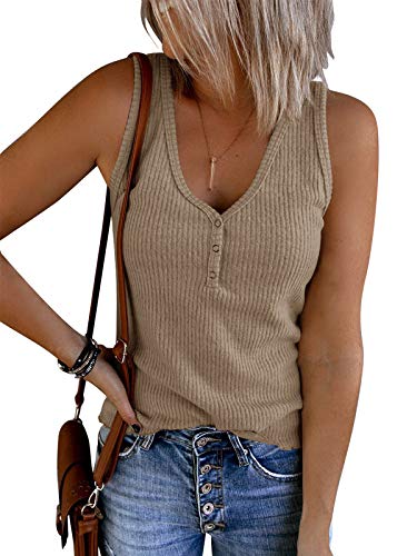 Saodimallsu Damen Tops Ärmellose V-Ausschnitt Casual Tank Tops Lockerer Knopfverschluss Henley Shirt Dunkles Khaki M von Saodimallsu