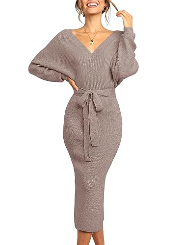 Saodimallsu V-Ausschnitt Strickkleid Damen Elegant Langarm Pulloverkleid Weihnachtskleid Schlitz Offener Rücken Figurbetontes Kleid mit Gürtel Kaffee Groß von Saodimallsu