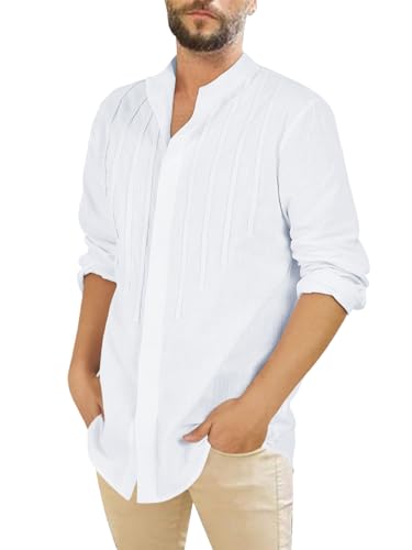 Saodimallsu Freizeithemd Herren Casual Lange Ärmel Button Down Hemden Regular Fit Baumwollhemd Mode Urlaub Strand Tops Weiß X-Groß von Saodimallsu