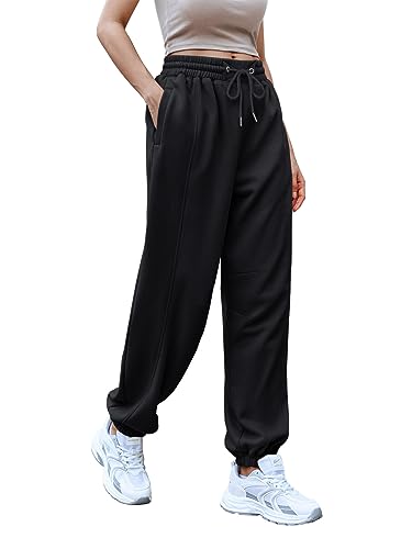 Saodimallsu Hosen Damen Hoch Elastische Kordelzug Taille Baggy Sportliche Jogger mit Taschen Schwarz Mittel von Saodimallsu