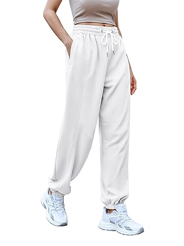 Saodimallsu Jogginghosen für Damen Casual Lang Sweatpants Lässige Lose Freizeithose mit Taschen Weiß Mittel von Saodimallsu