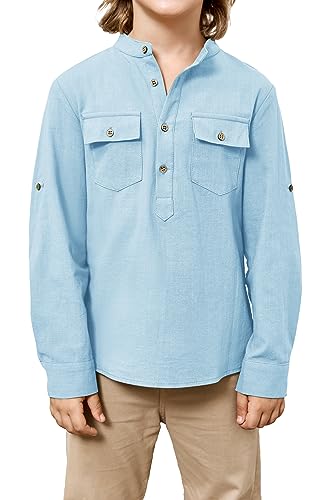 Saodimallsu Jungen Stehkragen Langarm Henley Shirt mit Knopfleiste Casual Regular Fit Leinenhemd Lightweight Tops Azurblau 11-12 Jahre von Saodimallsu