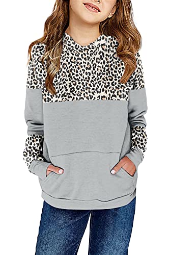 Saodimallsu Kapuzenpullover für Mädchen Langarm Crewneck Leopardenmuster Sweatshirt mit Kapuze Cute Lightweight Känguru Tasche Hoodies Grau 130 von Saodimallsu