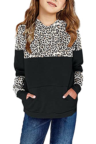 Saodimallsu Kapuzenpullover für Mädchen Langarm Crewneck Leopardenmuster Sweatshirt mit Kapuze Cute Lightweight Känguru Tasche Hoodies Schwarz 150 von Saodimallsu