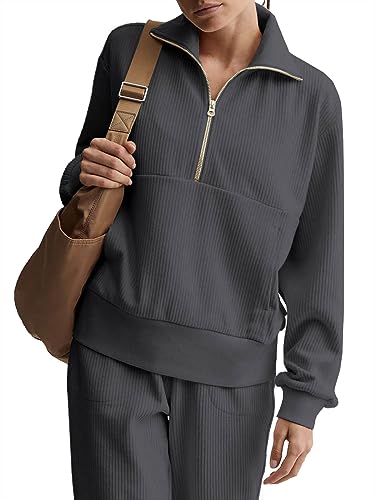 Saodimallsu Oversized Langärmelig Sweatshirt Half Zip Känguru Tasche Oberteile Gerippte Tops Sport Casual Pullover Dunkelgrau Groß von Saodimallsu