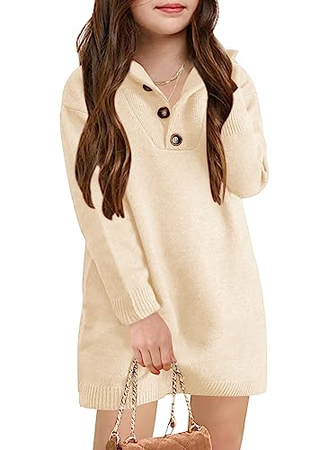 Saodimallsu Pullover Teenager Mädchen Langarm Gestrickt Button Up Kleid Kinder Sweatshirt Herbstkleider Oversized Lässige Oberteile Beige 7-8 Jahre von Saodimallsu