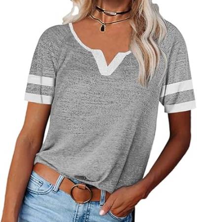 Saodimallsu T-Shirts für Damen V-Ausschnitt Basic Oberteile Sommer Casual Lose Tops Stilvoll Sportshirt Grau Groß von Saodimallsu