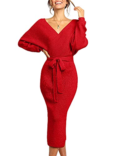 Saodimallsu V-Ausschnitt Strickkleid Damen Elegant Langarm Pulloverkleid Weihnachtskleid Schlitz Offener Rücken Figurbetontes Kleid mit Gürtel Tiefrot Mittel von Saodimallsu