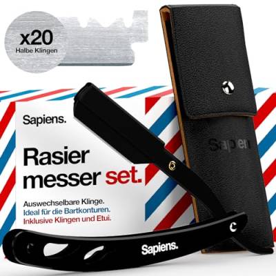 Sapiens Barbershop Rasiermesser Herren - Bart Rasierer + 20 Derby Halbe Rasierklingen + Tragetasche - Barber Rasierer mit Wechselklinge - Straight Razor Schwarze Edition von Sapiens