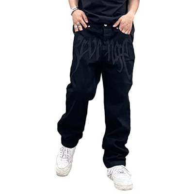 Sawmew Herren Jeans Buchstabe Drucken Jeanshosen Patchwork Jeanshose Denim Hosen Baggy Hip Hop Jeans Vintage Y2K Straight Leg Streetwear (Color : Black, Size : S) von Sawmew
