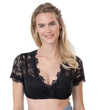 Damen Dirndlbluse aus Spitze Kurzarm schwarz - Elegante Stretch Dirndl Bluse Teil-transparent Thea (schwarz, 44) von Schöneberger Trachten Couture