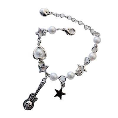 Scnvsi Stilvolles Herz-Stern-Schädel-Gitarren-Armband, modische Perlen-Handgelenkkette, Schmuckanhänger für Musikliebhaber und Trendsetter von Scnvsi