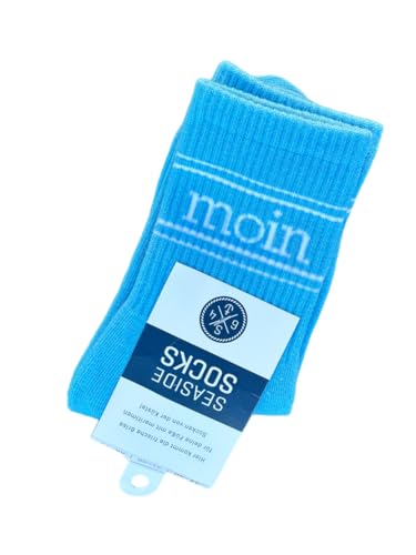 Seaside No.64 - Socken mit maritimer Botschaft - Tennissocken im nordischen Stil - farbige Strümpfe mit Schriftzug - Unisex auch für alle Landratten (Moin - horizontal - hellblau/weiß, M = 41-46) von Seaside No.64