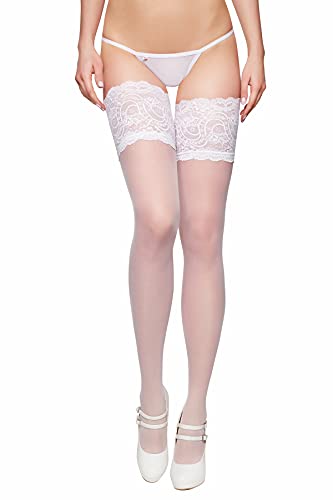 Selente Lovely Legs raffinierte halterlose Damen Strümpfe, 20 DEN, made in EU, weiß-Spitze-breit, Gr. M von Selente