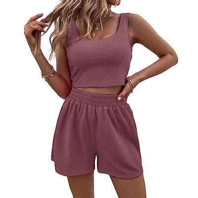 Sfit Zweiteiler Damen Sport Outfit Shorts und Top Sets 2 Teilig Sommer Anzug Spaghettiträger Bauchfrei Tops Camisole Crop Tank Tops Kurze Hose Kombi 2-Teiler Home Set Sommerkleidung,Kafee,L von Sfit