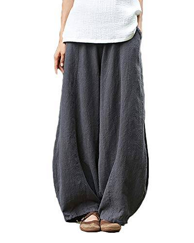 Shaoyao Damen Leinenhose Länge Leichte Strandhose Einfarbig Freizeithose Jogginghose Haremshose Dark Grey von Shaoyao