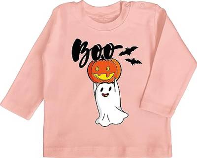 Baby Langarmshirt - Halloween - Babys - Boo Geist Kürbis Gespenst Gespenster Geister - 12/18 Monate - Babyrosa - Haloween Outfits Shirt Party Tshirt kost m Shirts gruselige Jungen gruseliges Kinder von Shirtracer