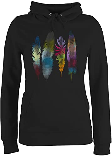 Pullover Damen Hoodie Frauen - Kunst - Federn Wasserfarbe Watercolor Feathers - L - Schwarz - Oberteil bunt Damenpullover Hoody Fun-Kapuzenpullover Hoddies/pullies Kapuzenpullover Hoodies pullis von Shirtracer