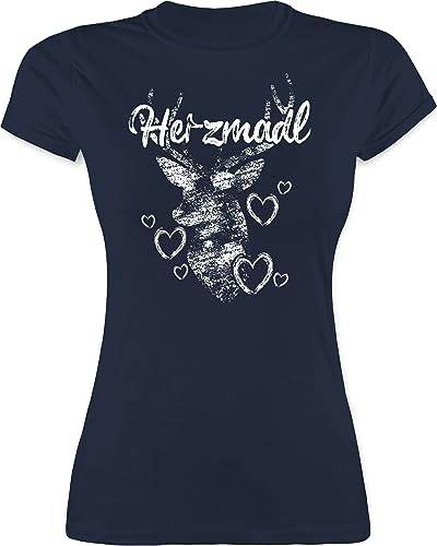 Shirt Damen - Kompatibel mit Oktoberfest - Herzmadl Hirsch - L - Navy Blau - Trachten Outfits Bavaria t-Shirt Frauen trachtent-Shirt trachtenoberteil oktoberfestbekleidung Tshirt mädchen bayrisch von Shirtracer