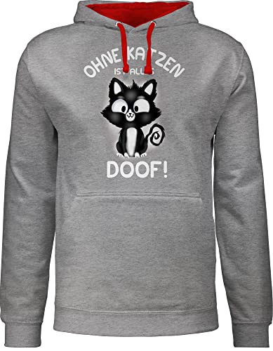 Pullover Herren Frauen Hoodie Kontrast zweifarbig - Katzenbesitzer Geschenk Katze - Ohne Katzen ist alles doof! - S - Grau meliert/Rot - katzenfan katzenmotiv, katzenmotive spruch aufdruck sprüche von Shirtracer