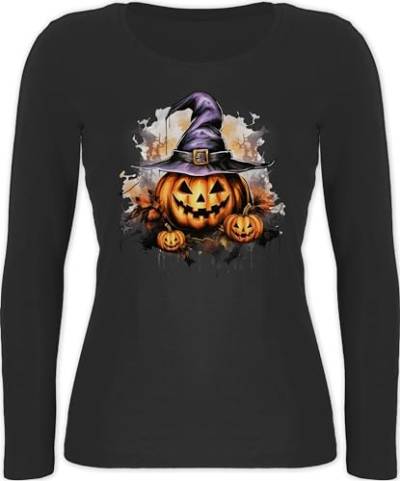 Shirtracer Langarmshirt Damen - Halloween - Kürbis Grusliger Hexenhut Gruselig Böse - XXL - Schwarz - Helloween Party Oberteil halowen heloween Hallowen jalloween Haloween Outfits hallowern heeloween von Shirtracer