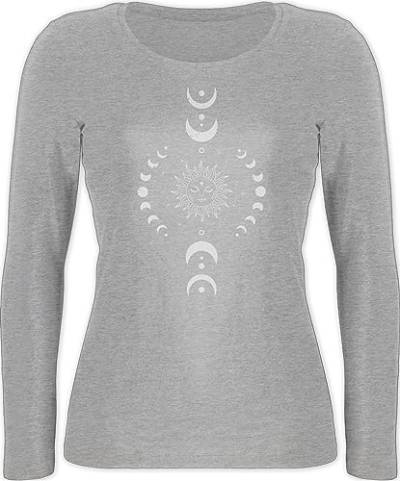 Langarmshirt Damen - Yoga Namaste Mandala Chakra Mondphase - M - Grau meliert - Yoga-Langarmshirt Joga Geschenke mondphasen Langarm Shirt Meditation Tshirt spirituell für Alles Fans von Shirtracer