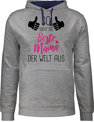 Shirtracer Pullover Herren Frauen Hoodie Kontrast zweifarbig - Muttertag - So Sieht die Beste Mama der Welt aus mit Daumen - XL - Grau meliert/Navy Blau - muttertgs Geschenk mothersday Mutti von Shirtracer