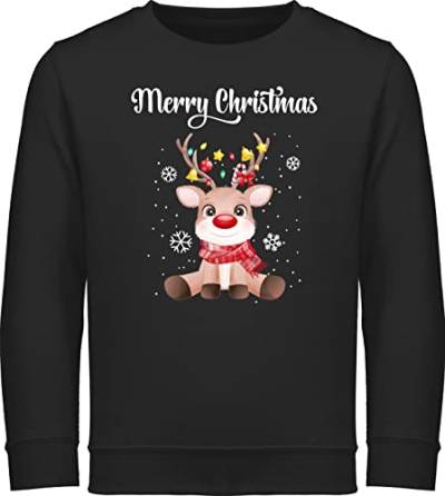 Sweatshirt Kinder Pullover für Jungen Mädchen - Weihnachten Geschenke - Merry Christmas - süßes Rentier mit Lichterkette - 128 (7/8 Jahre) - Schwarz - x-Mas kinderpulli weihnachtspulli Baumwolle von Shirtracer