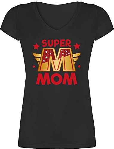 T-Shirt Damen V Ausschnitt - Super Mom I Supermom Heldin Mama - M - Schwarz - t Shirt Geschenkideen für die Mutter mütter Geschenke ist EIN superheld Frauen Tshirt werdene Geschenk Mami 2024 von Shirtracer