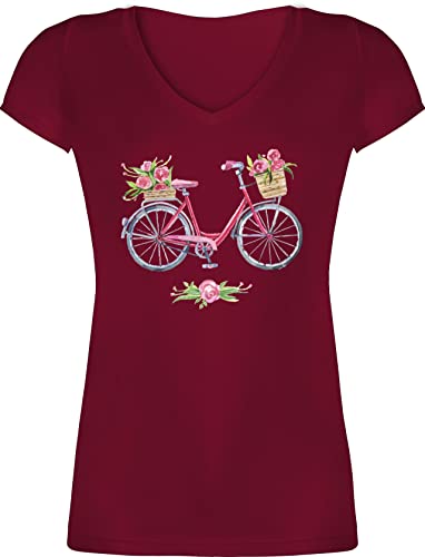 T-Shirt Damen V Ausschnitt - Retro - Vintage Fahrrad Wasserfarbe Blumen - XL - Bordeauxrot - fahrrädern t Shirt Geschenkideen für Fahrradfahrer Bike Tshirt Frauen mit fahrradmotiv Shirts von Shirtracer