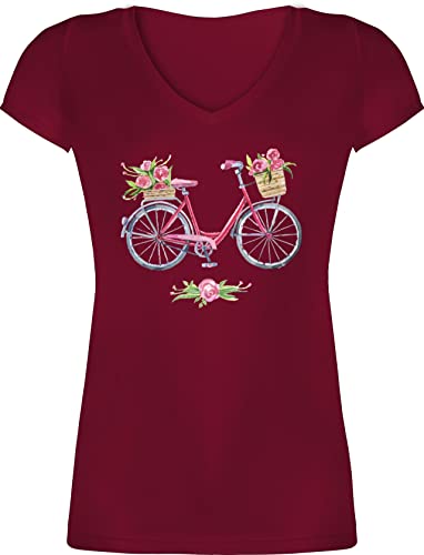 T-Shirt Damen V Ausschnitt - Retro - Vintage Fahrrad Wasserfarbe Blumen - XXL - Bordeauxrot - Tshirt mit fahrrädern Kunst Fahrrad, Shirts Geschenkideen für Fahrradfahrer Bicycle t Shirt Frauen von Shirtracer
