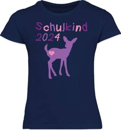 T-Shirt Mädchen Schulanfang - Einschulung - Schulkind 2024 REH Kitz Lila - 128 (7/8 Jahre) - Navy Blau - einschulungst-Shirt schulkinder Tshirt Kinder erster Schultag Outfit Einschulung. von Shirtracer