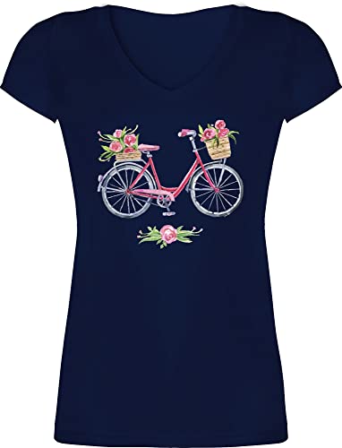 T-Shirt Damen V Ausschnitt - Retro - Vintage Fahrrad Wasserfarbe Blumen - M - Dunkelblau - Geschenkideen für Fahrradfahrer Kunst Bicycle Shirt Frauen Tshirt mit fahrrädern Fahrrad, t Shirts von Shirtracer