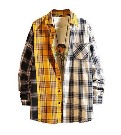 shownicer Herren Hemd Kariertes Freizeithemd Normale Passform Lange Ärmel Patchwork Plaid Tasten Oversize Hemd Jacke Hemdjacke Holzfällerjacke C Gelb S von shownicer