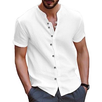 Shujin Baumwolle Leinenhemd Herren Kurzarm Leichtes Sommerhemd Regular Fit Freizeithemd Casual Henley Shirt mit Stehkragen Knöpfen Kurzarmhemd Strandhemd Freizeit Shirts (Weiß,L) von Shujin