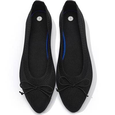 Flache Damenschuhe mit spitzem Zehenbereich, flache Schuhe, flache Schuhe, schwarze Ballerinas für Frauen, Schleife Schwarz, 39 EU von Shupua