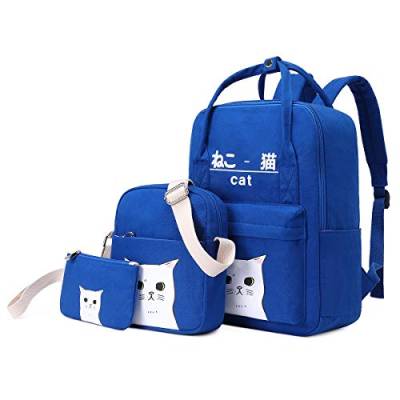 3-teiliges Rucksack-Set, japanischer und koreanischer Stil, Kawaii-Katze, Schulrucksack, Umhängetasche, Geldbörse, Stifteetui, dunkelblau, Einheitsgröße von Siehin