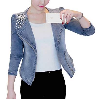 Damen Künstlicher Strass Pailletten Denim Jeansjacke Jeans Mantel Outwear (36) von Siehin